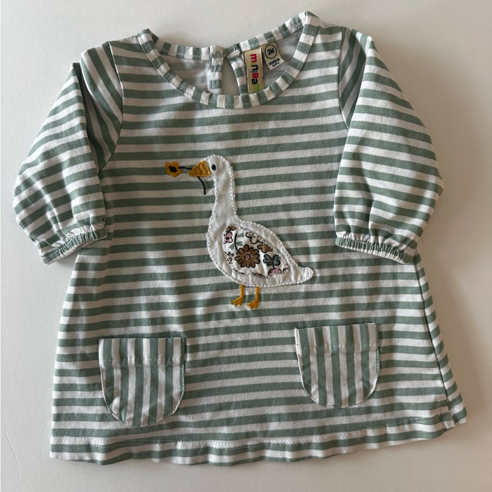 Green Stripe Long Sleeve Kids Tunic Tee with Duck Applique, 3 Months, Cotton